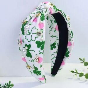 Headband Colorful Clover Leaf Wide Faux Pearl Sparkling Rhinestones